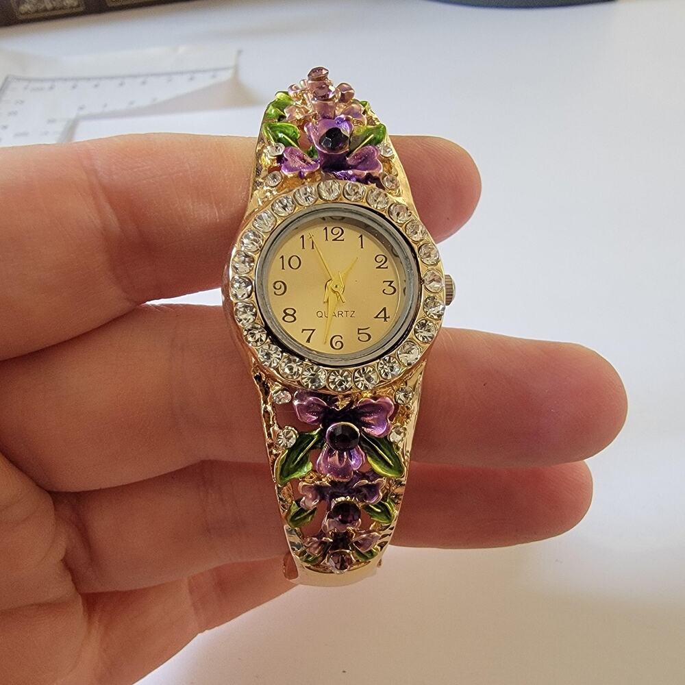 Gold Tone Purple Flower Key Ring Watch Bangle Rhinestone Quartz Women Jewelry